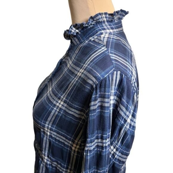 Nili Lotan Vivian Tribeca Design Shirt Navy White Plaid Ruffle Neck Medium - Picture 8 of 12